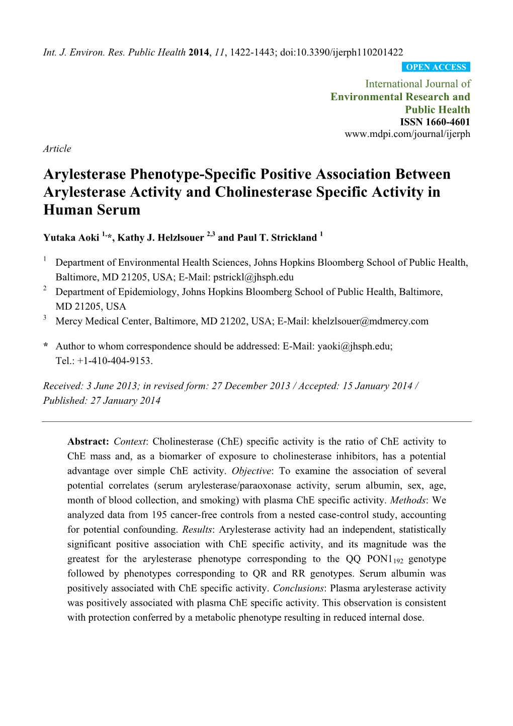 Arylesterase Phenotype-Specific Positive Association Between Arylesterase Activity and Cholinesterase Specific Activity in Human Serum