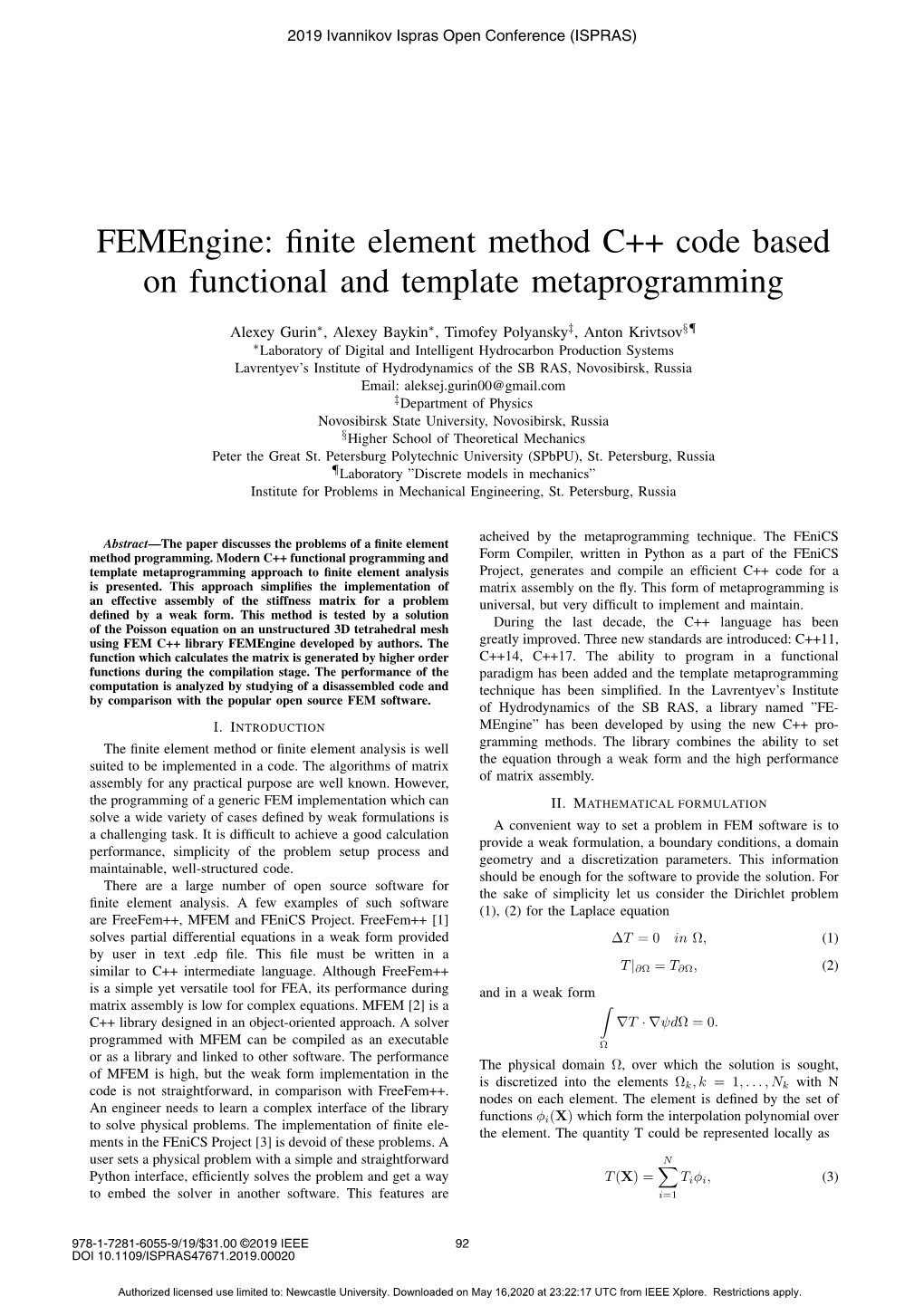 Femengine: Finite Element Method C++ Code Based on Functional And