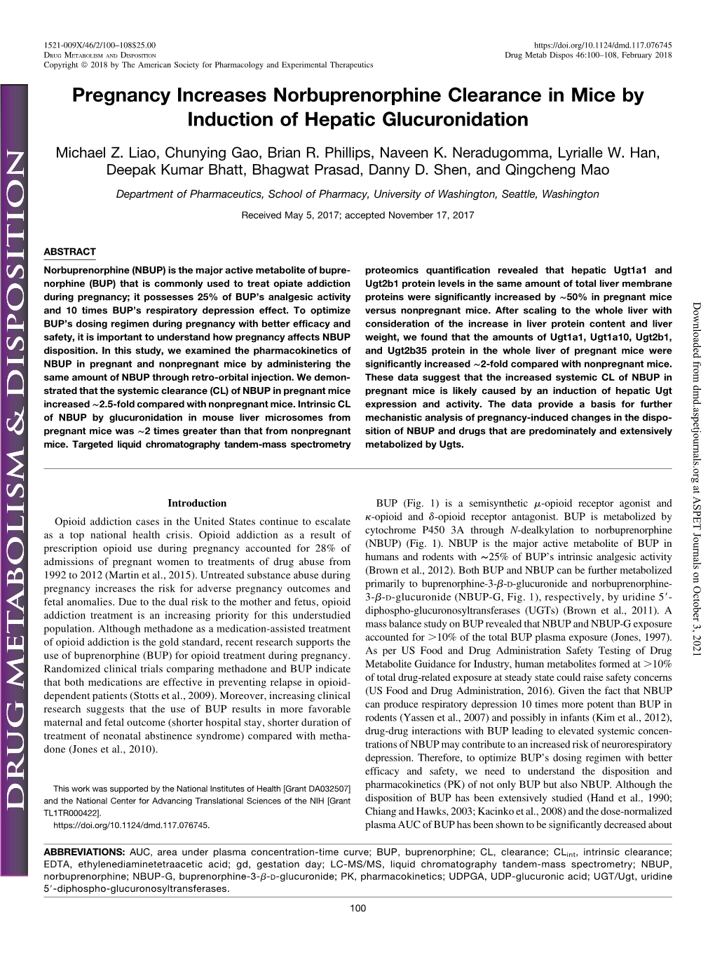 Pregnancy Increases Norbuprenorphine Clearance in Mice by Induction of Hepatic Glucuronidation