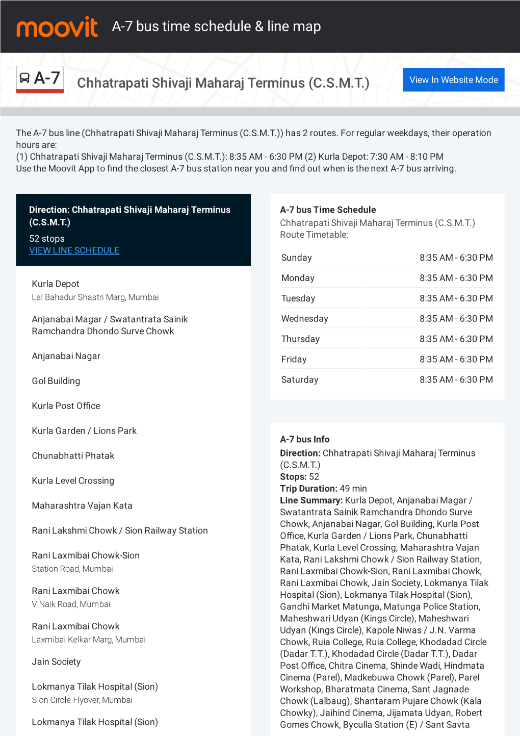 A-7 Bus Time Schedule & Line Route