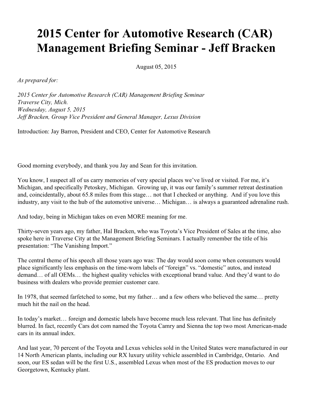 2015 Center for Automotive Research (CAR) Management Briefing Seminar - Jeff Bracken