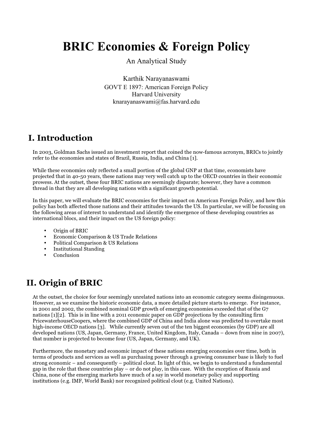 BRIC Economies & Foreign Policy