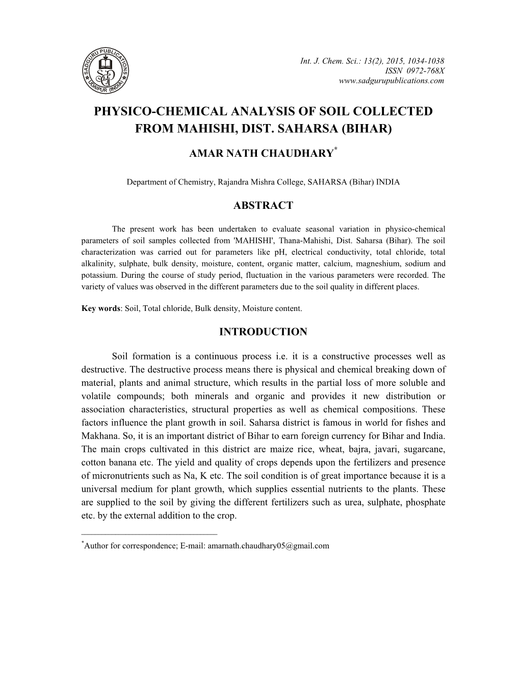 Physico-Chemical Analysis of Soil Collected from Mahishi, Dist. Saharsa (Bihar)