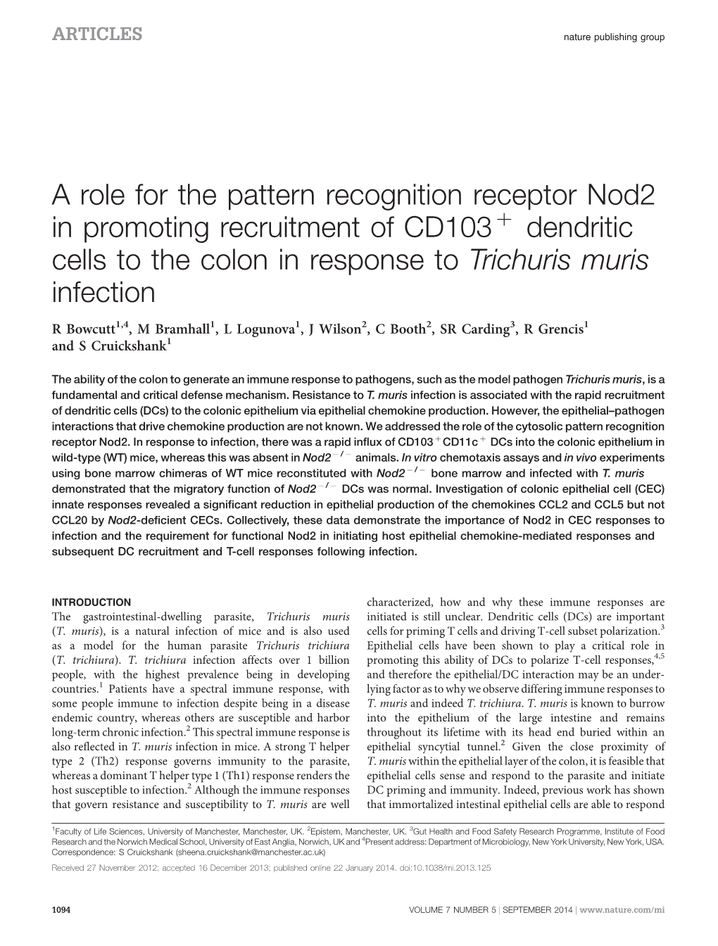 A Role for the Pattern Recognition Receptor Nod2 in Promoting Recruitment of CD103&Plus; Dendritic Cells to the Colon In