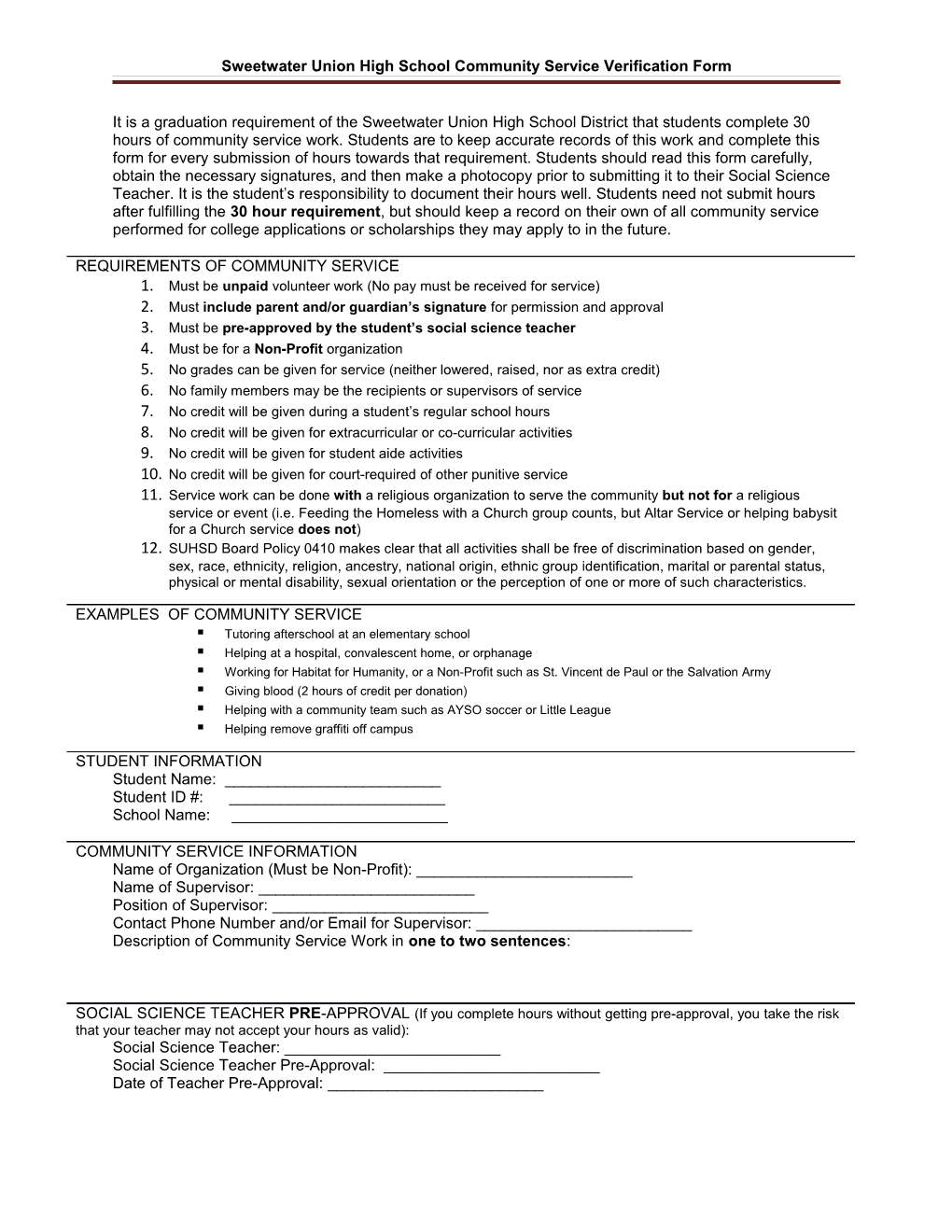 Sweetwater Union High School Community Service Verification Form