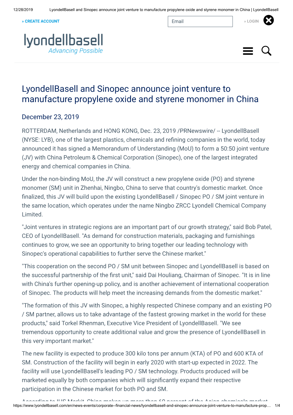 Lyondellbasell and Sinopec Announce Joint Venture to Manufacture Propylene Oxide and Styrene Monomer in China | Lyondellbasell