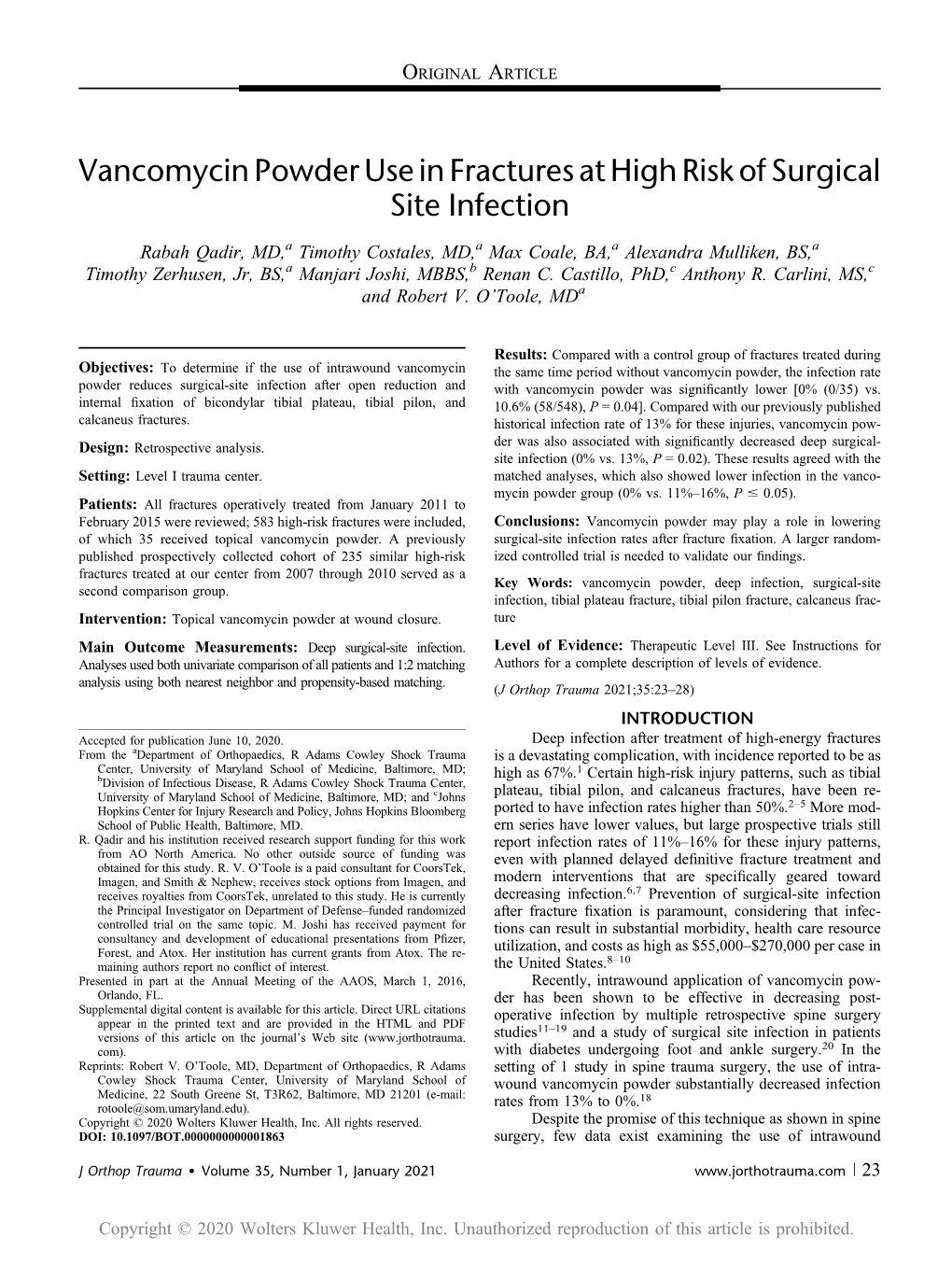 Vancomycin Powder Use in Fractures at High Risk of Surgical Site Infection