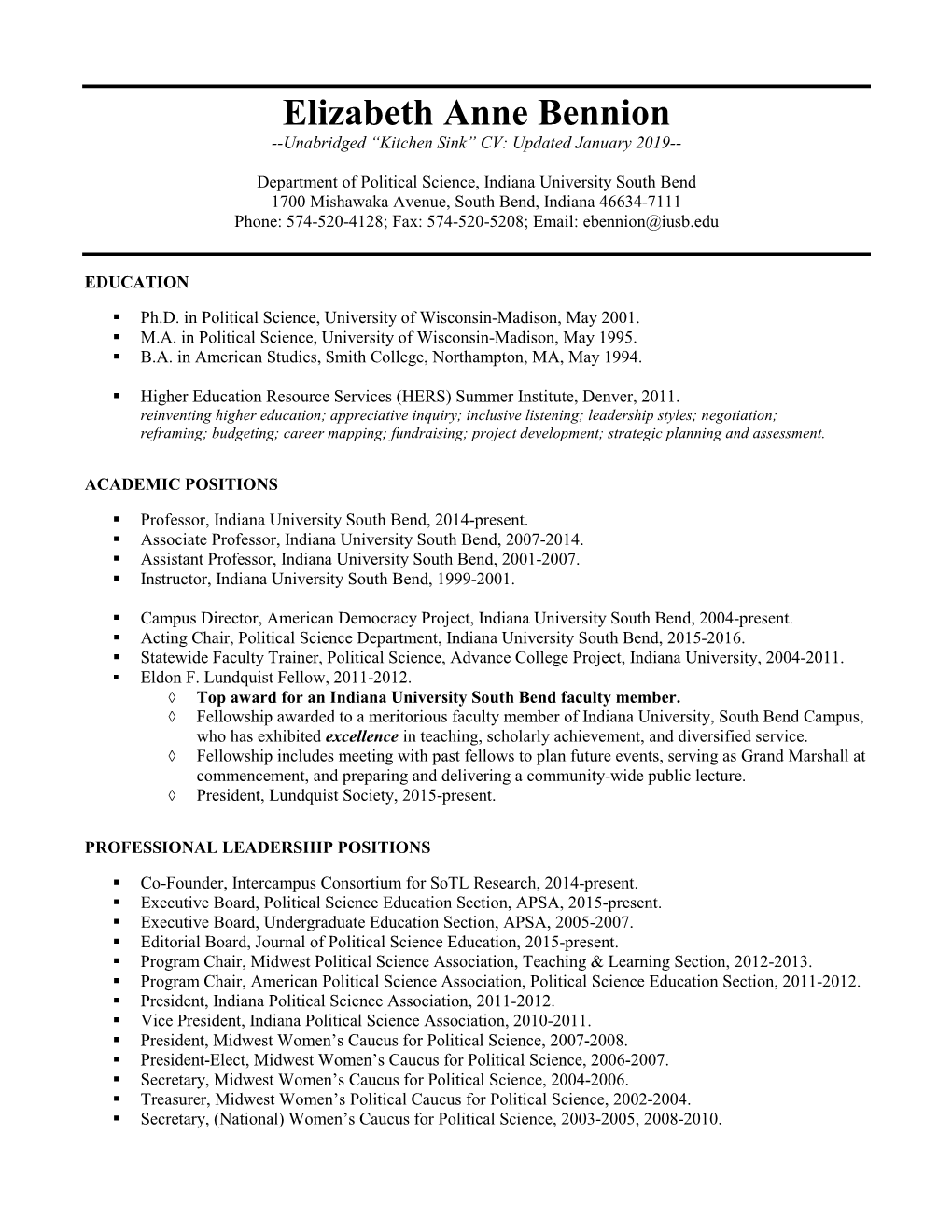 Elizabeth Anne Bennion --Unabridged “Kitchen Sink” CV: Updated January 2019