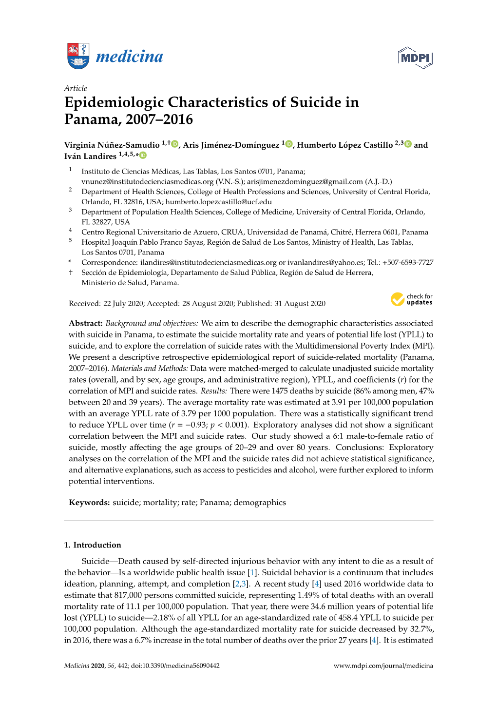 Epidemiologic Characteristics of Suicide in Panama, 2007–2016