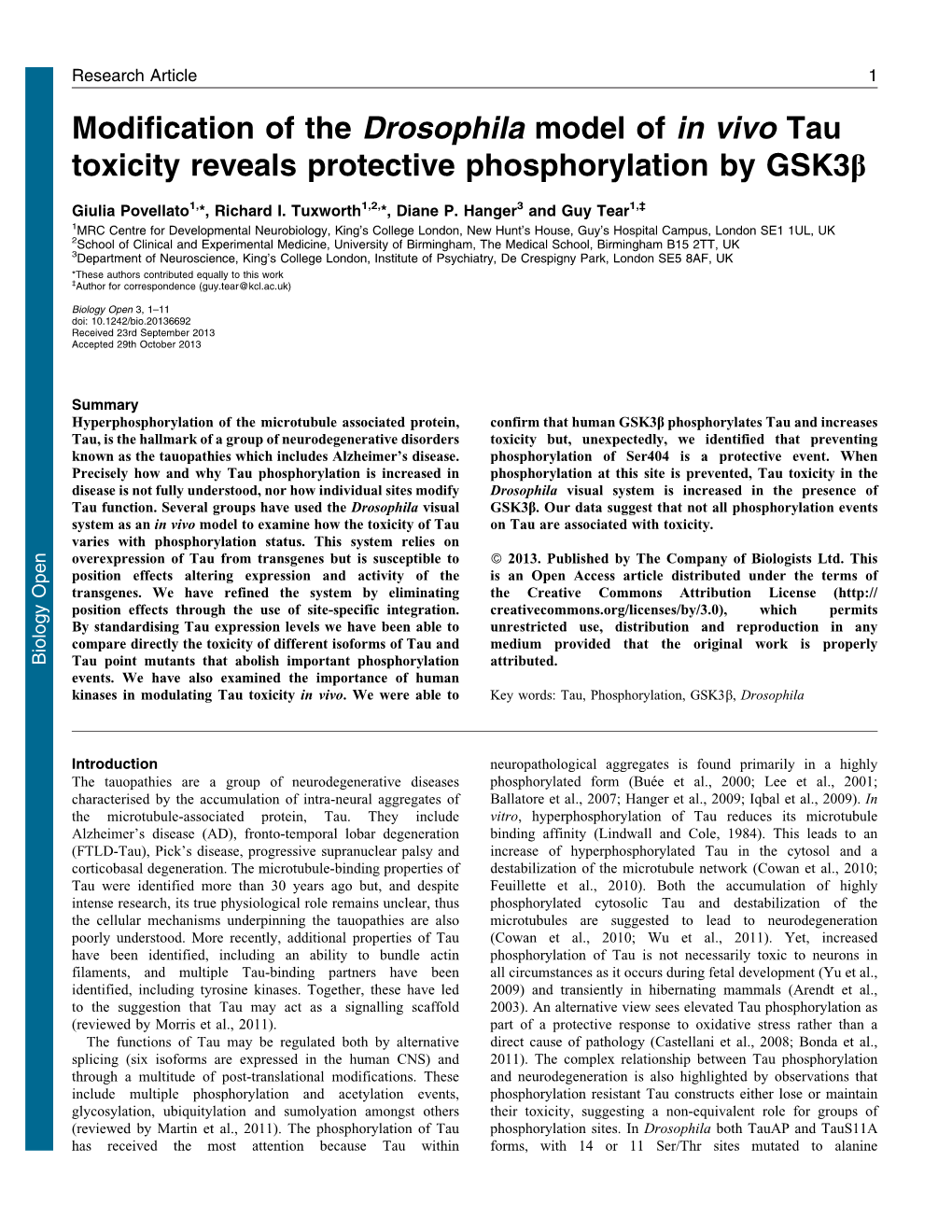 Modification of the Drosophila Model of in Vivo Tau Toxicity Reveals Protective Phosphorylation by Gsk3b