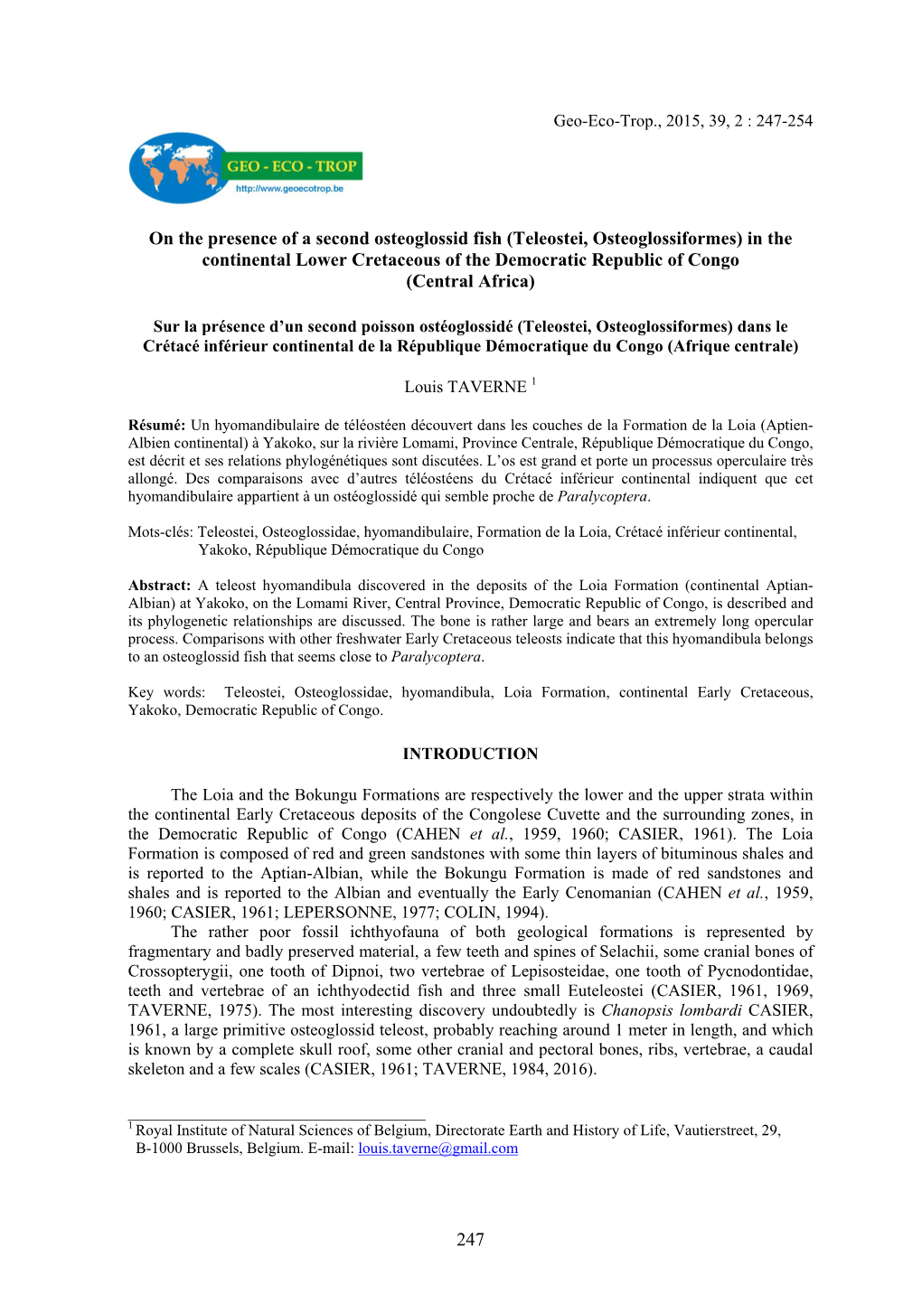 Teleostei, Osteoglossiformes) in the Continental Lower Cretaceous of the Democratic Republic of Congo (Central Africa