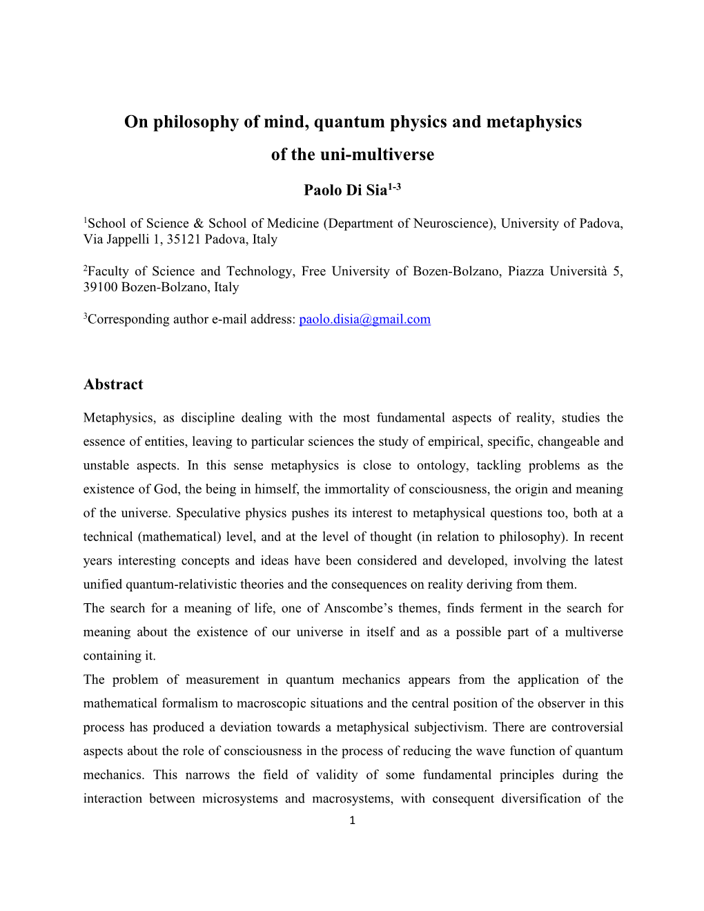 On Philosophy of Mind, Quantum Physics and Metaphysics of the Uni-Multiverse