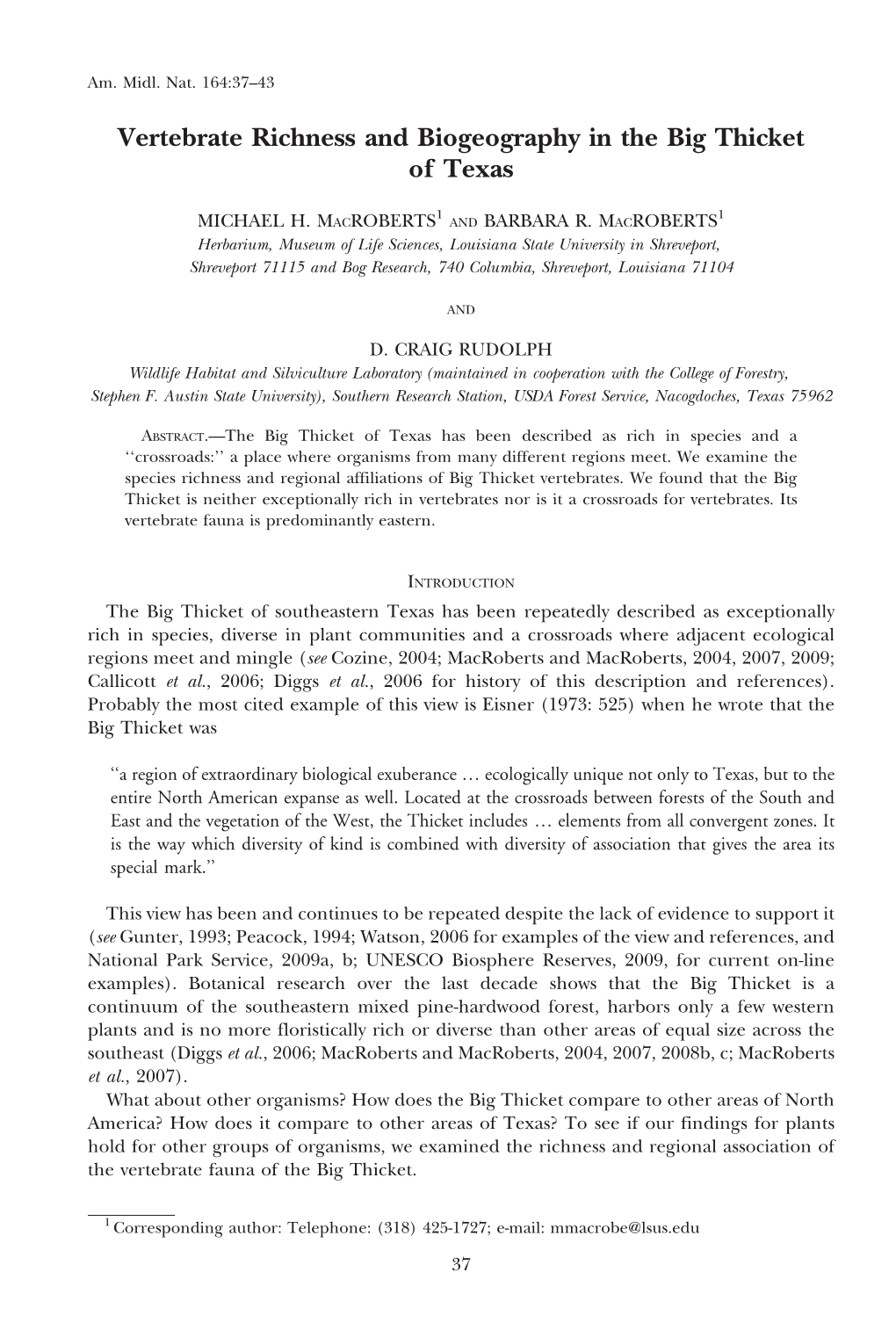 Vertebrate Richness and Biogeography in the Big Thicket of Texas