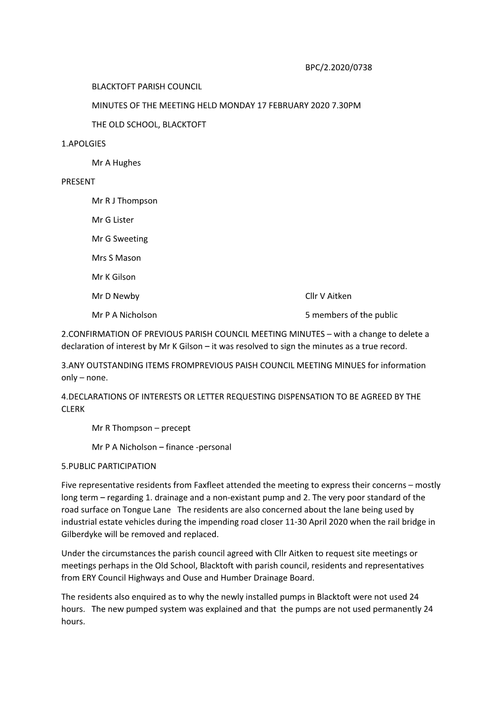 Bpc/2.2020/0738 Blacktoft Parish Council Minutes Of