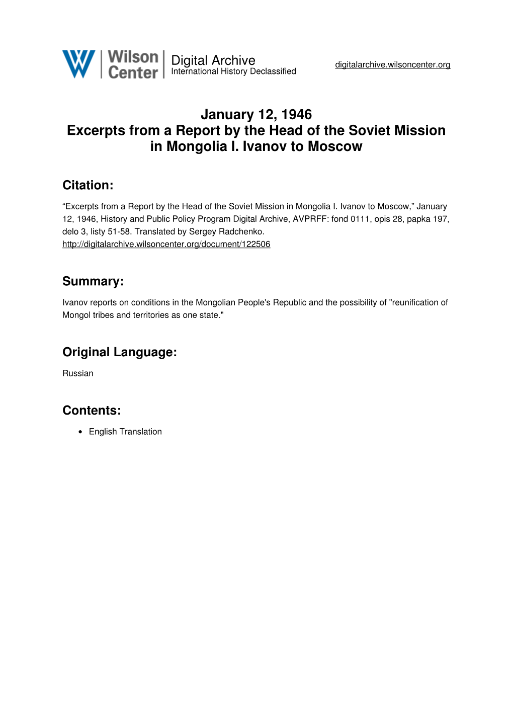 January 12, 1946 Excerpts from a Report by the Head of the Soviet Mission in Mongolia I