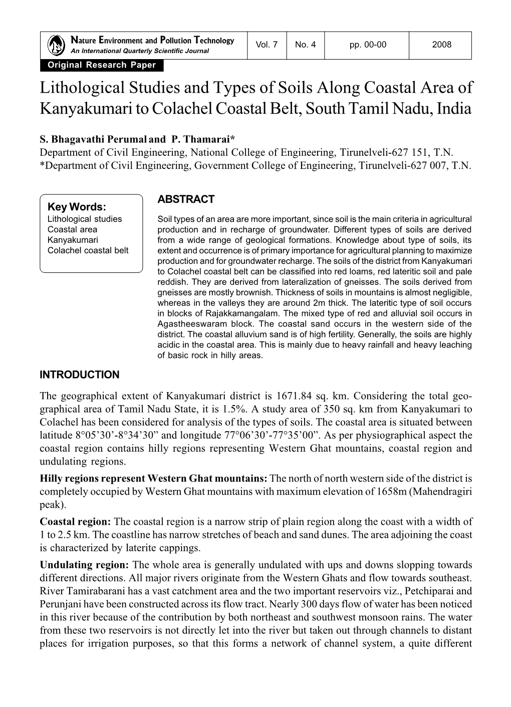 Lithological Studies and Types of Soils Along Coastal Area of Kanyakumari to Colachel Coastal Belt, South Tamil Nadu, India