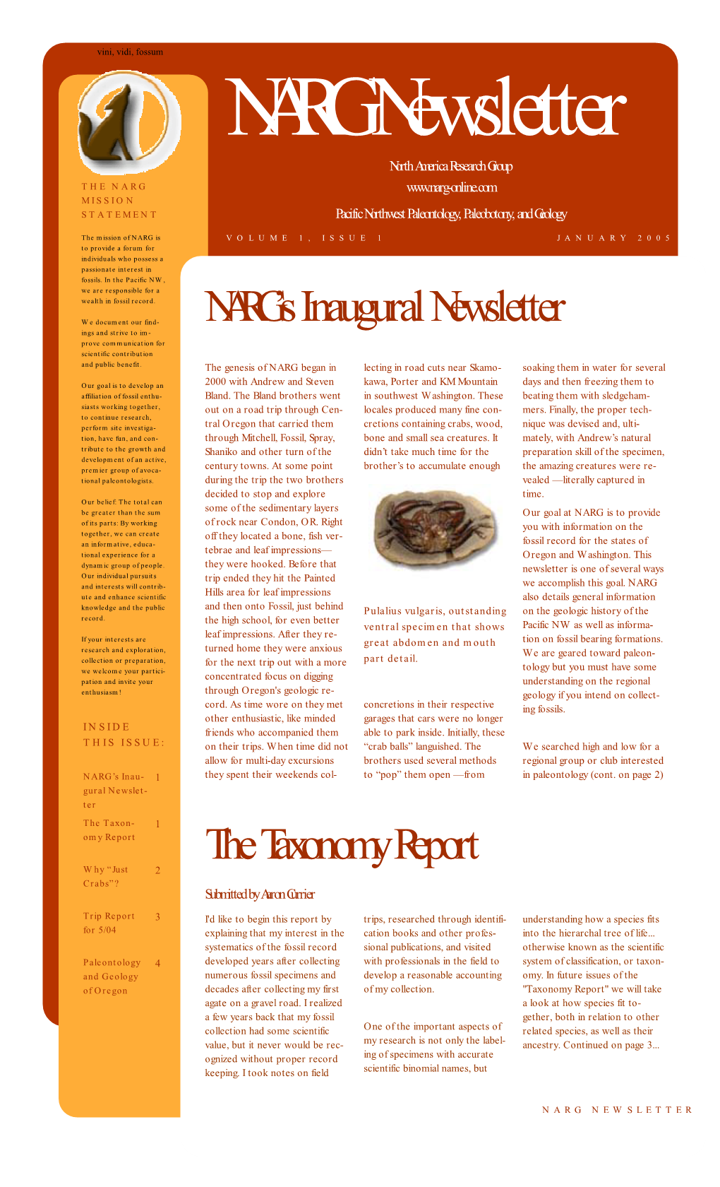 NARG's Inaugural Newsletter the Taxonomy Report