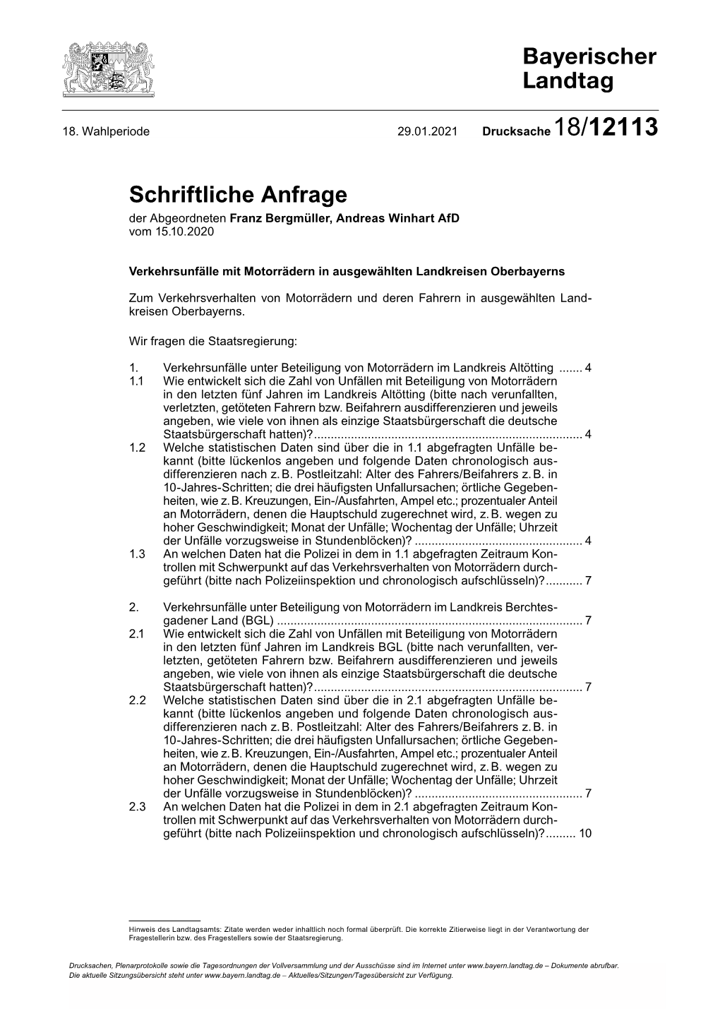 Schriftliche Anfrage Der Abgeordneten Franz Bergmüller, Andreas Winhart Afd Vom 15.10.2020