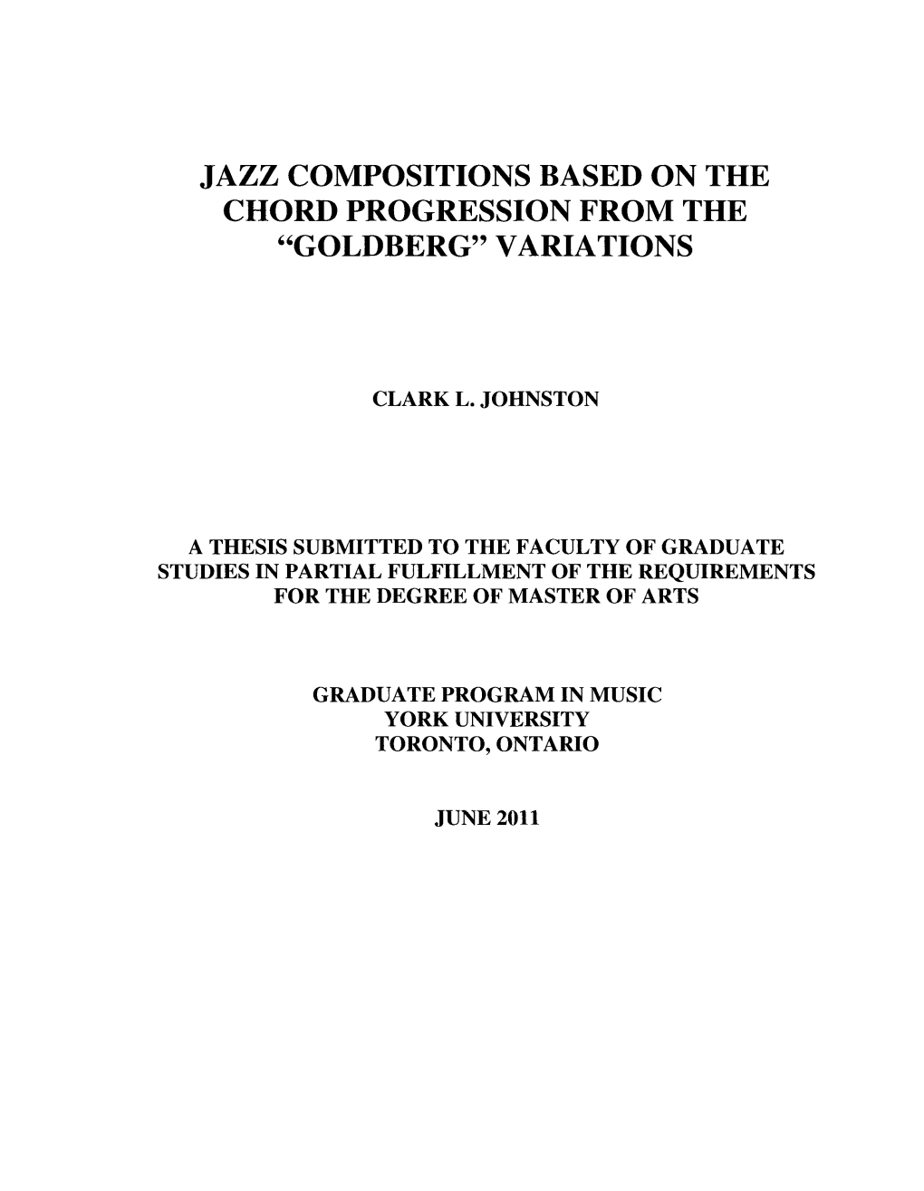 Jazz Compositions Based on the Chord Progression from the "Goldberg" Variations