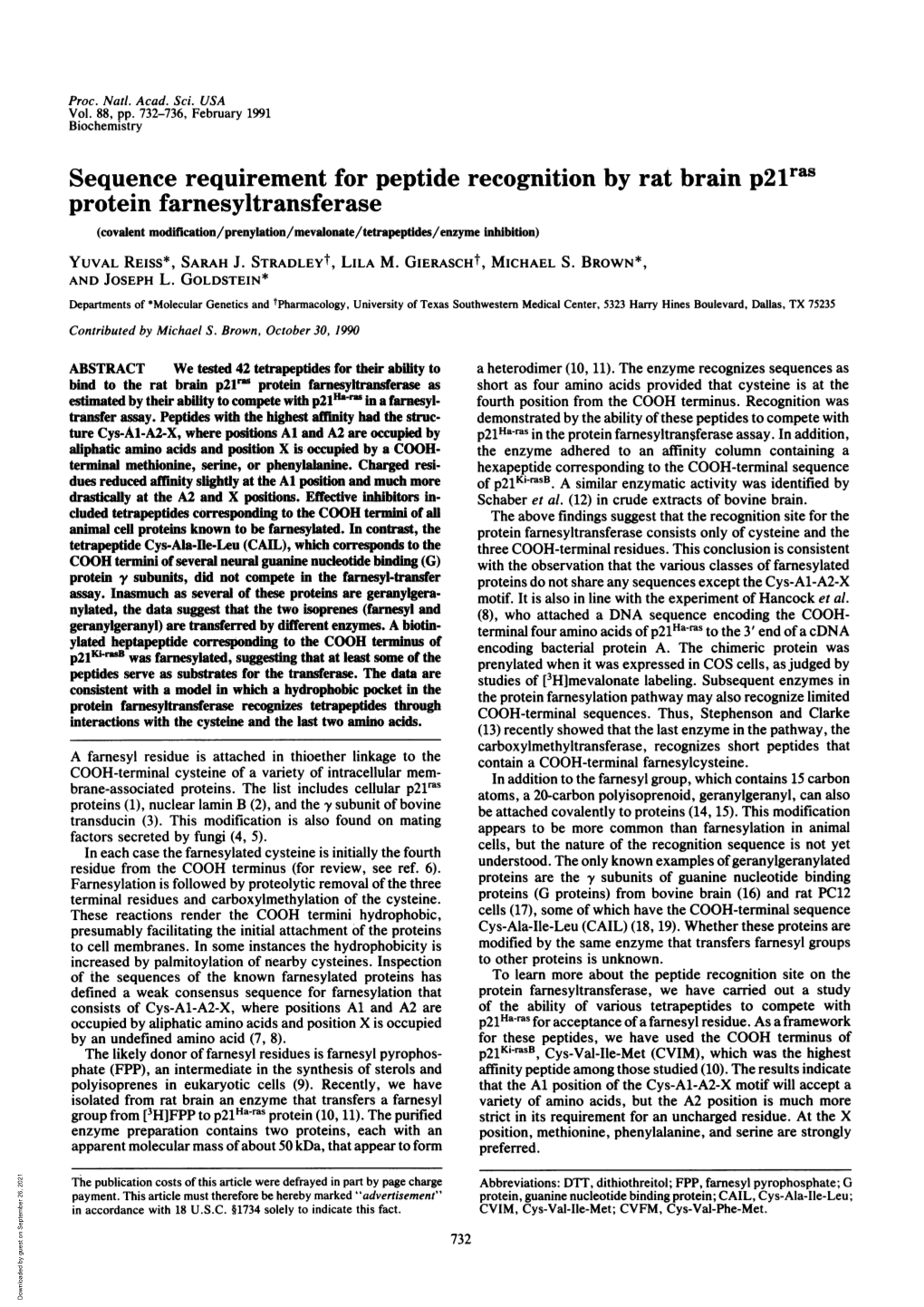 Sequence Requirement for Peptide Recognition by Rat Brain P2lras Protein Farnesyltransferase