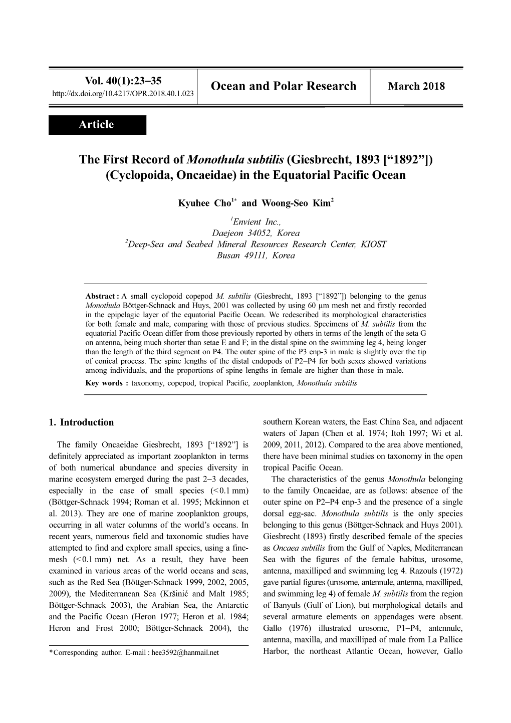 Ocean and Polar Research the First Record of Monothula Subtilis