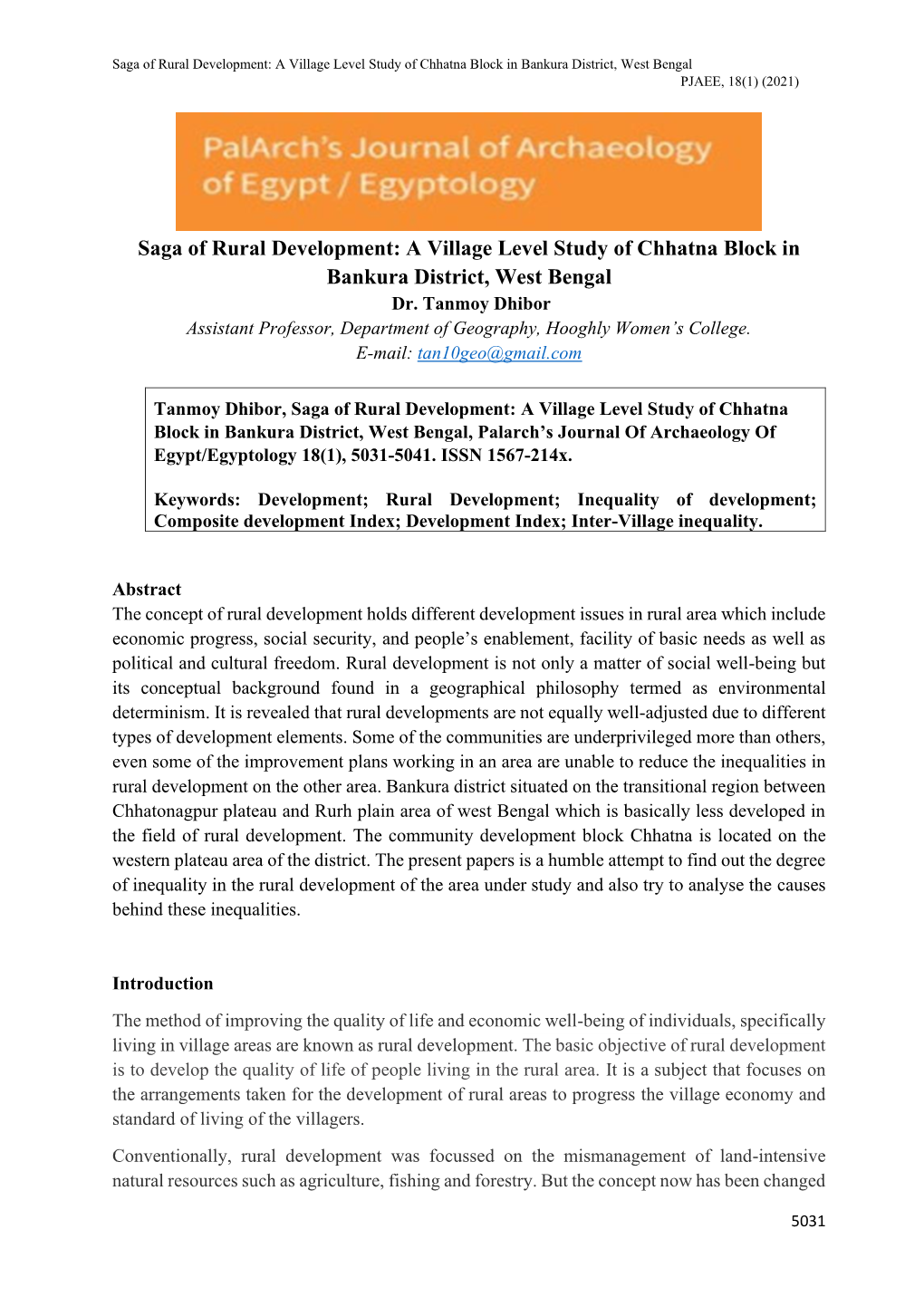 A Village Level Study of Chhatna Block in Bankura District, West Bengal PJAEE, 18(1) (2021)