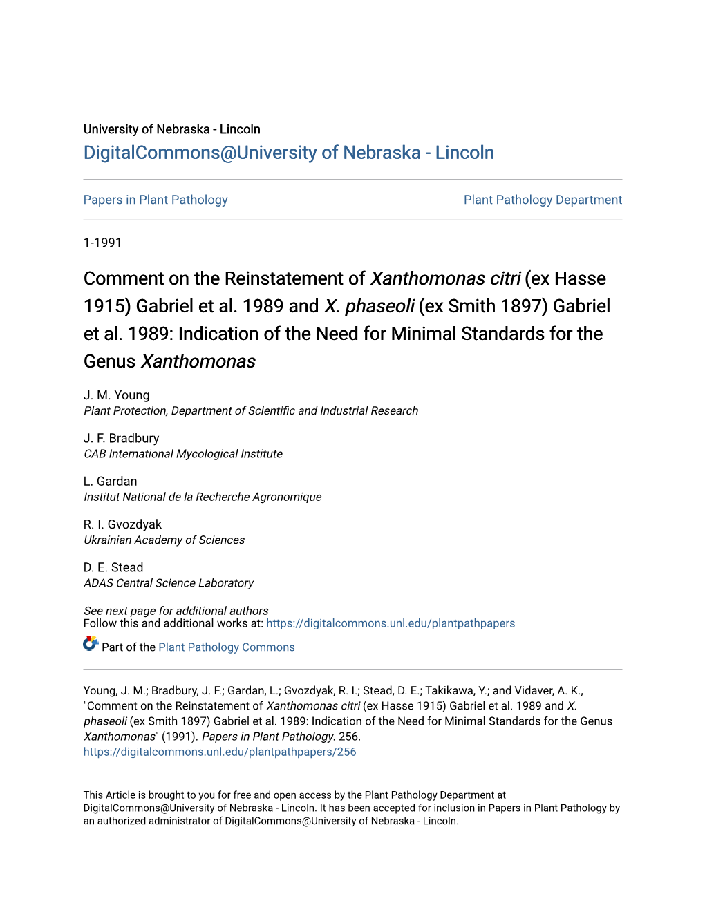 Comment on the Reinstatement of Xanthomonas Citri (Ex Hasse 1915) Gabriel Et Al