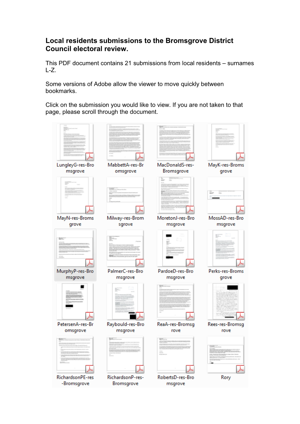 Local Residents Submissions to the Bromsgrove District Council Electoral Review