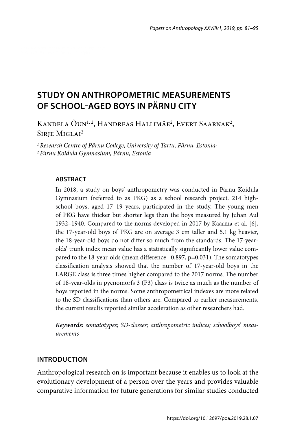 Study on Anthropometric Measurements of School-Aged Boys in Pärnu City