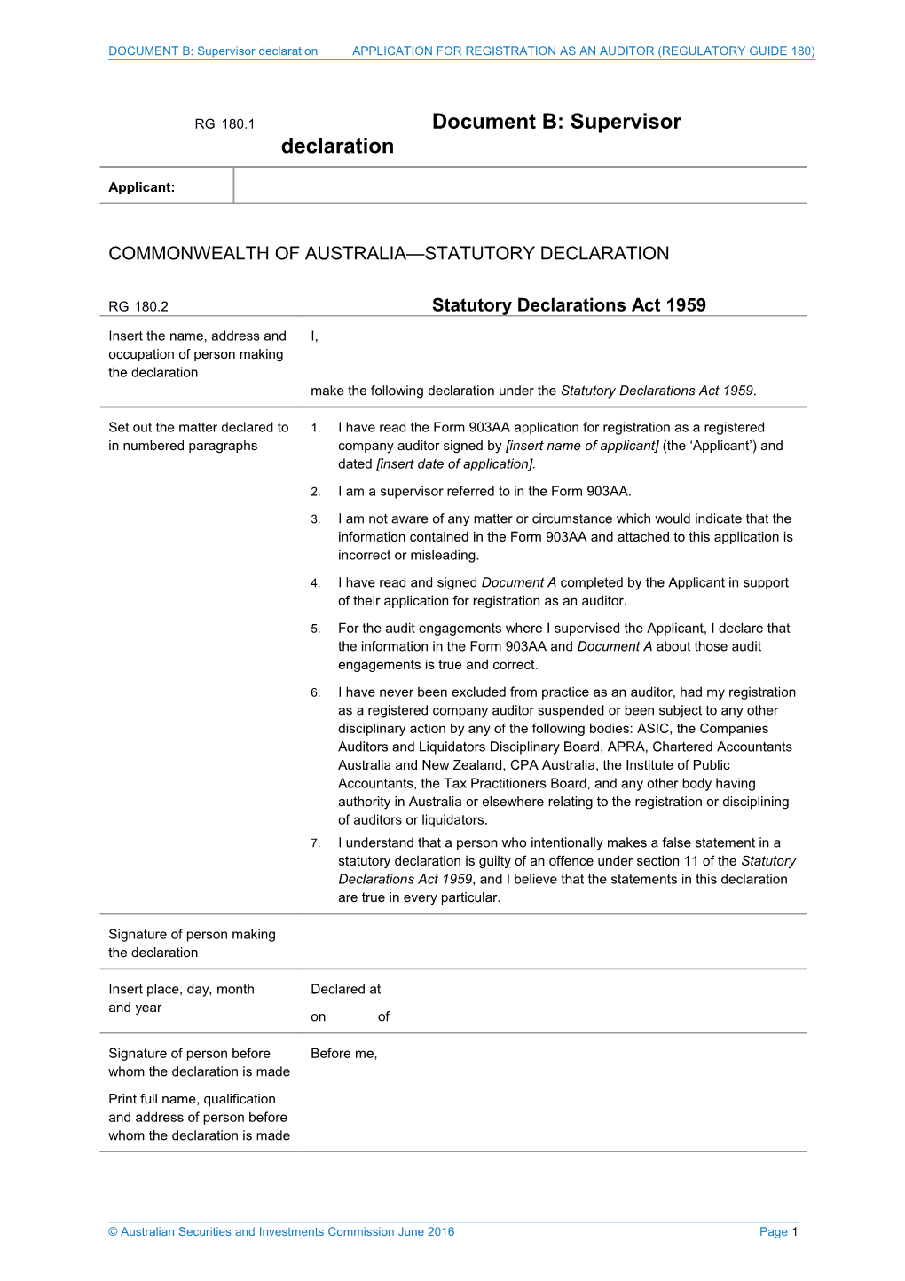 Document B: Supervisor Declaration Application for Registration As an Auditor (Regulatory