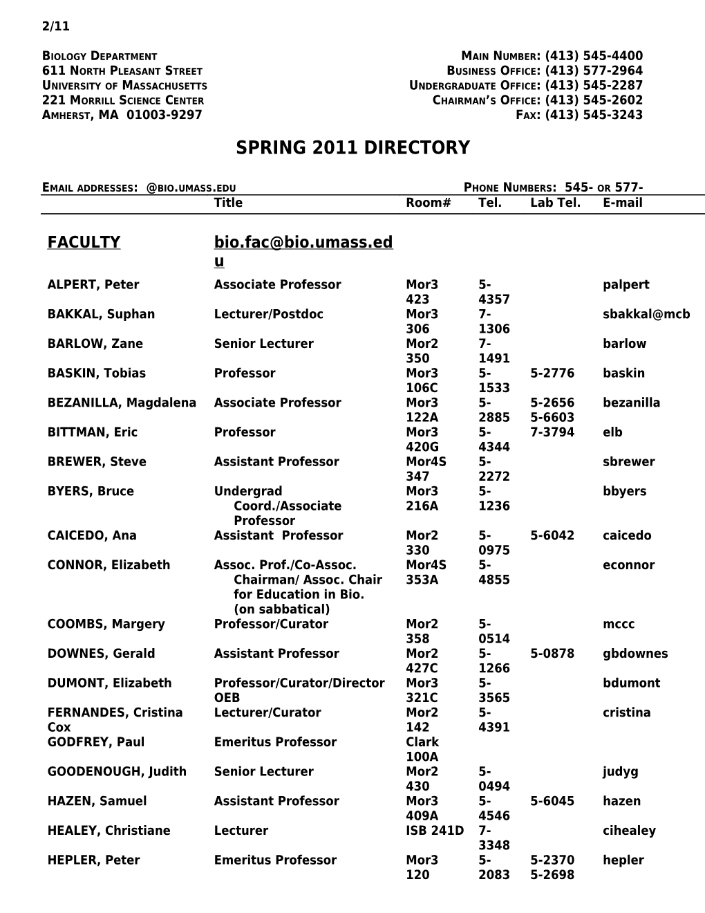 Biology Department Tel: (413)-545-4400