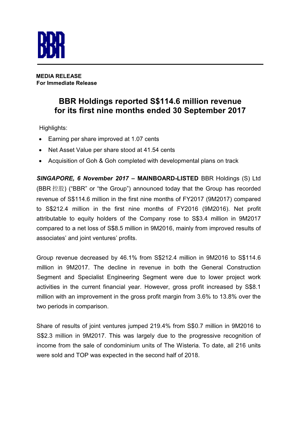 BBR Holdings Reported S$114.6 Million Revenue for Its First Nine Months Ended 30 September 2017