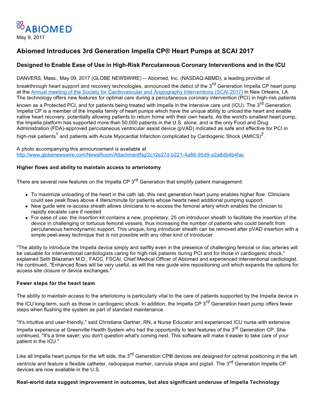 Abiomed Introduces 3Rd Generation Impella CP® Heart Pumps at SCAI 2017