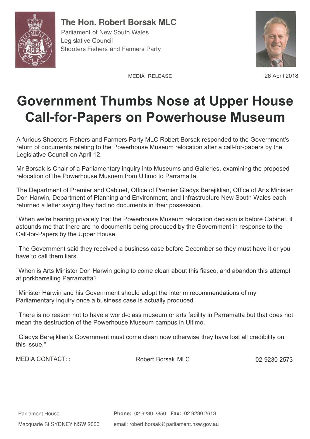 Government Thumbs Nose at Upper House Call-For-Papers on Powerhouse Museum