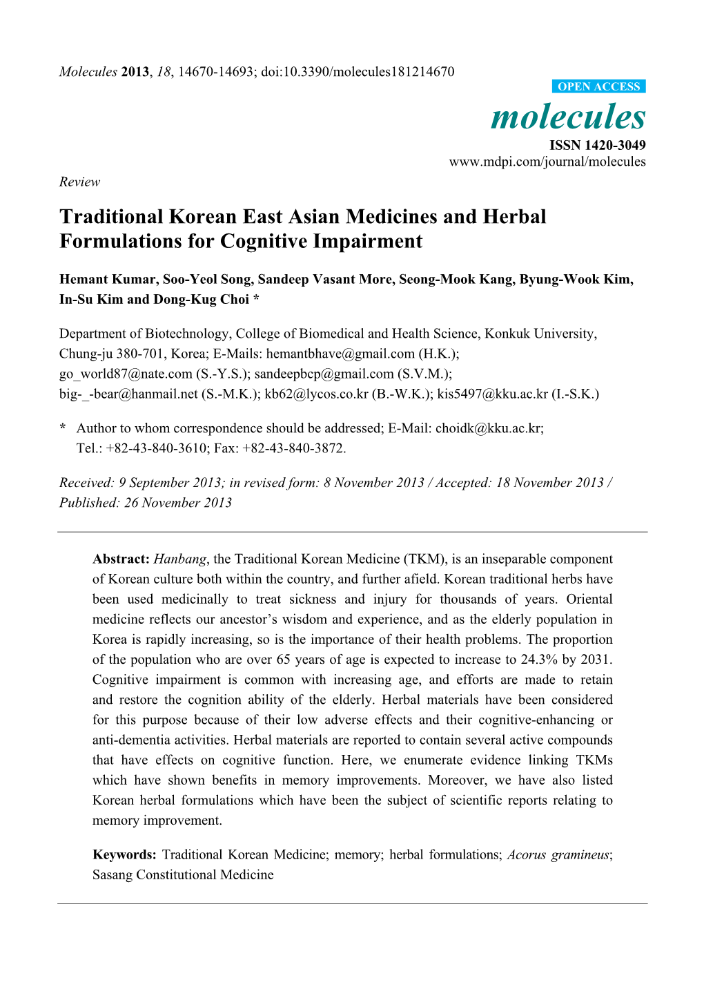 Traditional Korean East Asian Medicines and Herbal Formulations for Cognitive Impairment
