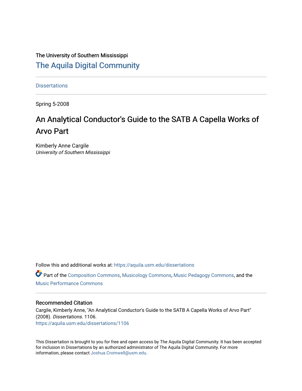 An Analytical Conductor's Guide to the SATB a Capella Works of Arvo Part