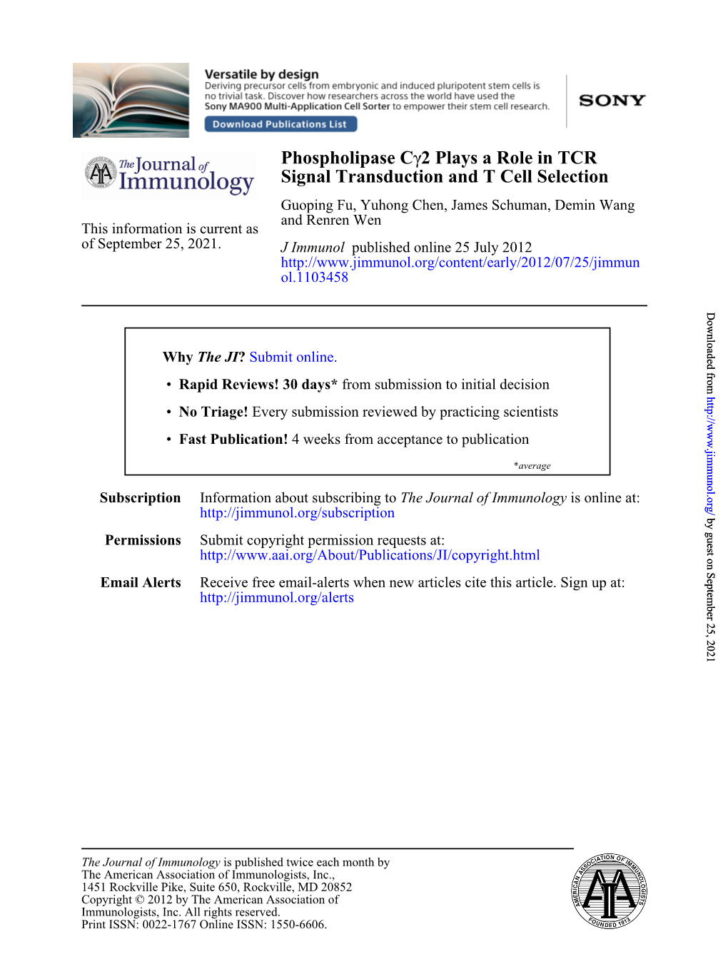 Signal Transduction and T Cell Selection 2 Plays a Role in TCR Γ