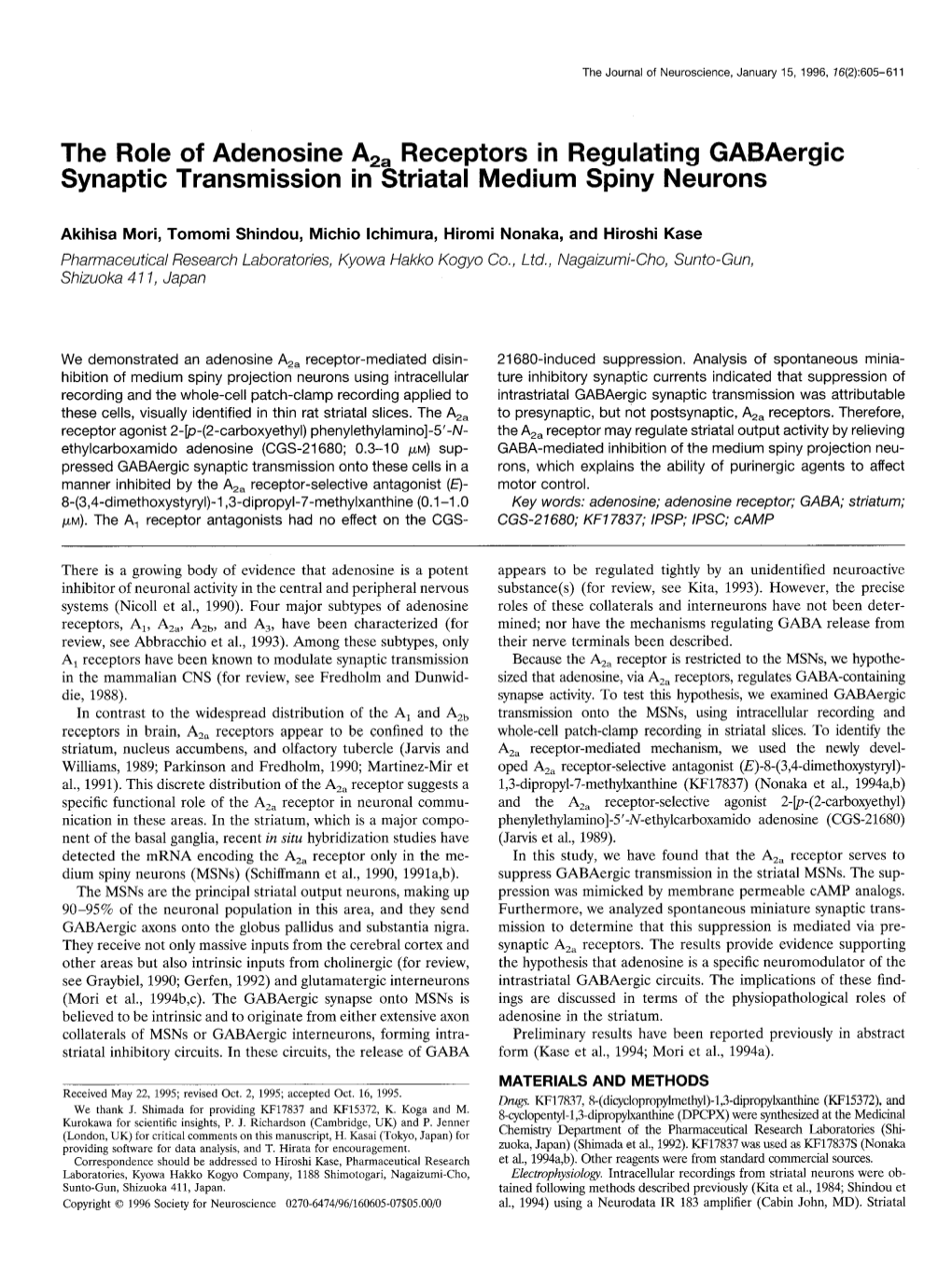 The Role of Adenosine Aza Receptors in Regulating Gabaergic Synaptic Transmission in Striatal Medium Spiny Neurons