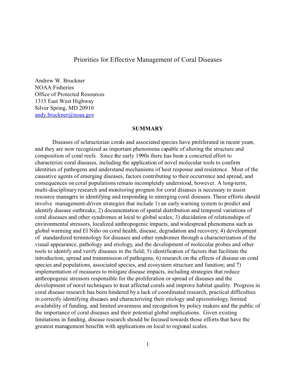 Priorities for Effective Management of Coral Diseases