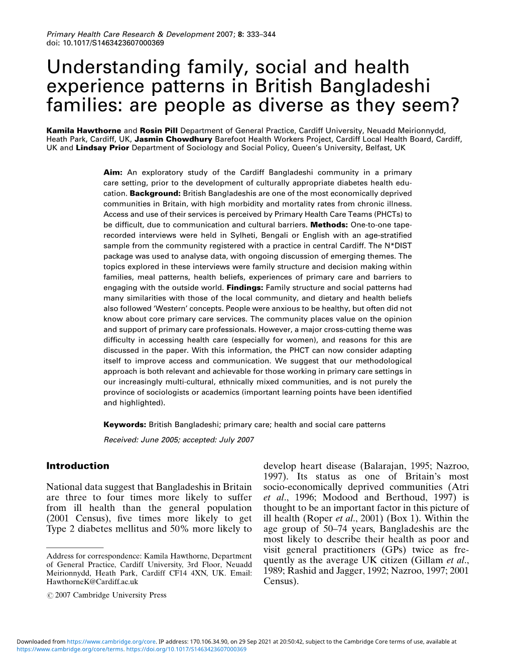 Understanding Family, Social and Health Experience Patterns in British Bangladeshi Families: Are People As Diverse As They Seem?