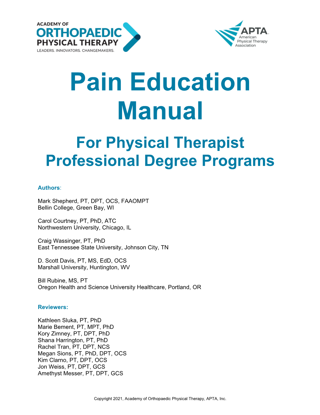Pain Education Manual for Physical Therapist Professional Degree Programs