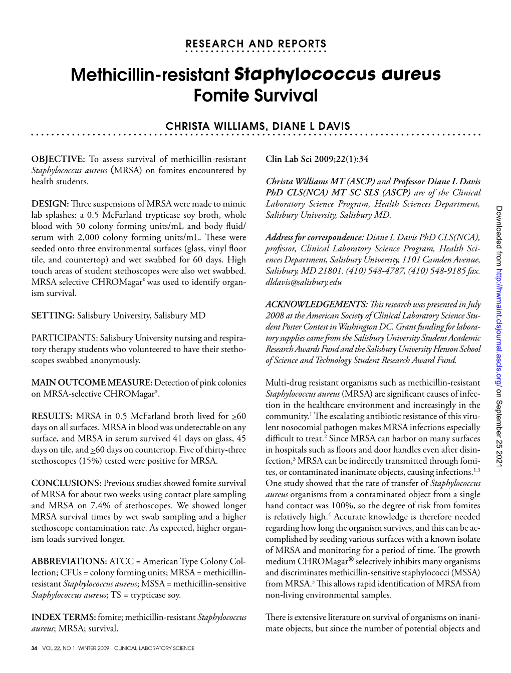 Methicillin-Resistant Staphylococcus Aureus Fomite Survival