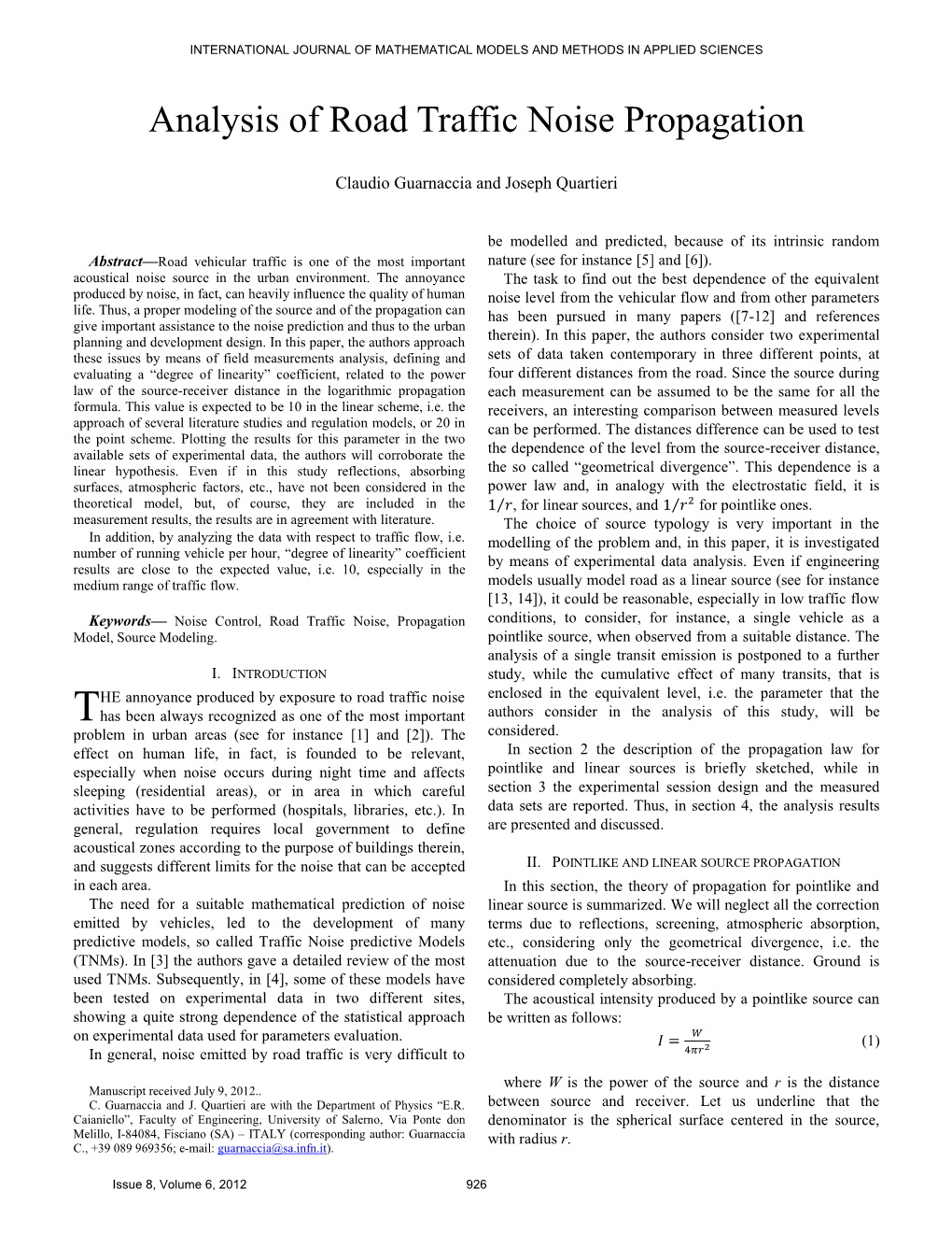 Analysis of Road Traffic Noise Propagation