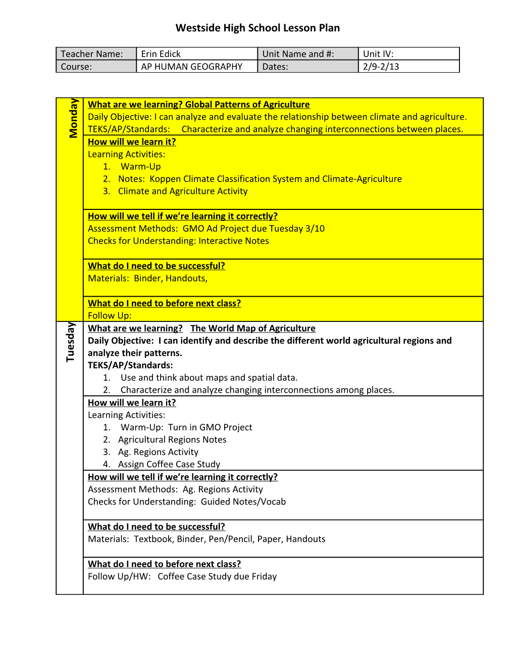 Westside High School Lesson Plan