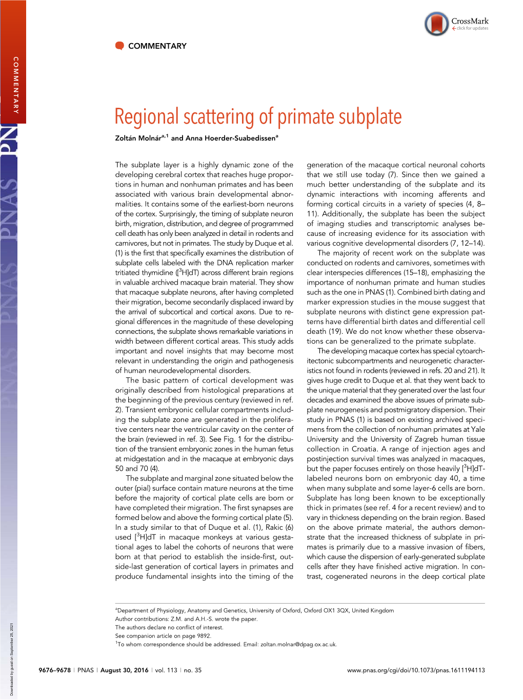 Regional Scattering of Primate Subplate Zolt ´Anmoln ´Ara,1 and Anna Hoerder-Suabedissena