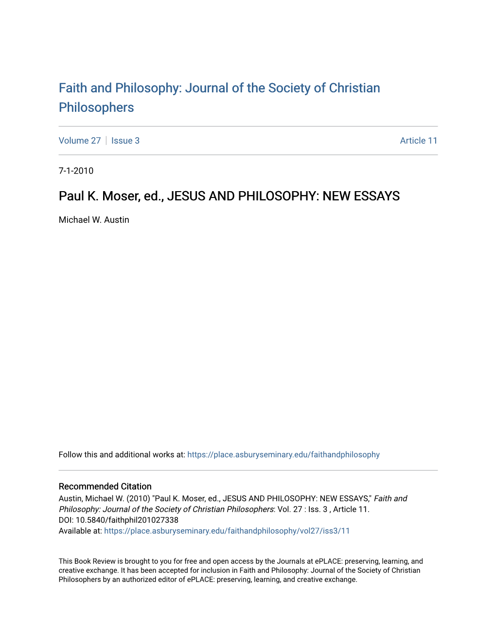 Paul K. Moser, Ed., JESUS and PHILOSOPHY: NEW ESSAYS