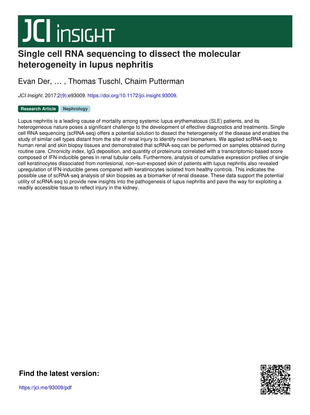 Single Cell RNA Sequencing to Dissect the Molecular Heterogeneity in Lupus Nephritis