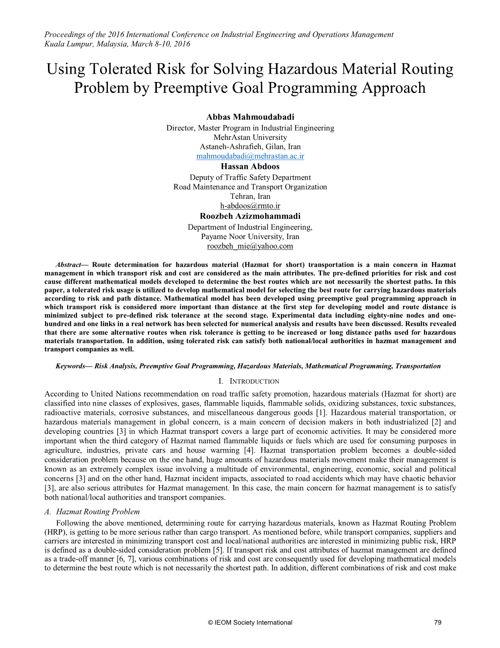 Using Tolerated Risk for Solving Hazardous Material Routing Problem by Preemptive Goal Programming Approach