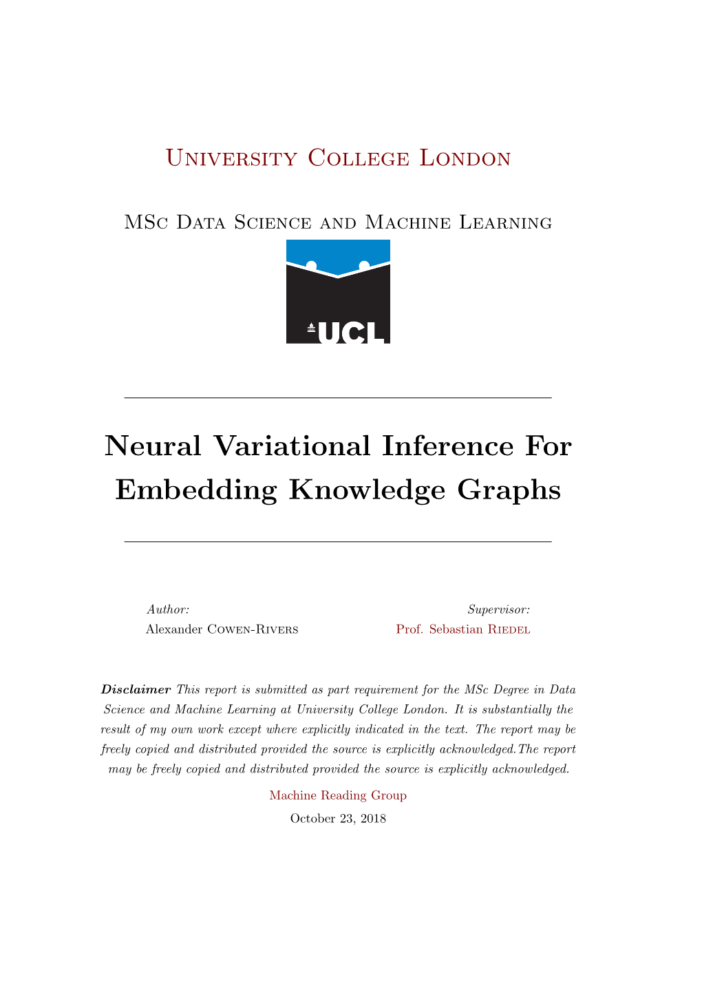 Neural Variational Inference for Embedding Knowledge Graphs