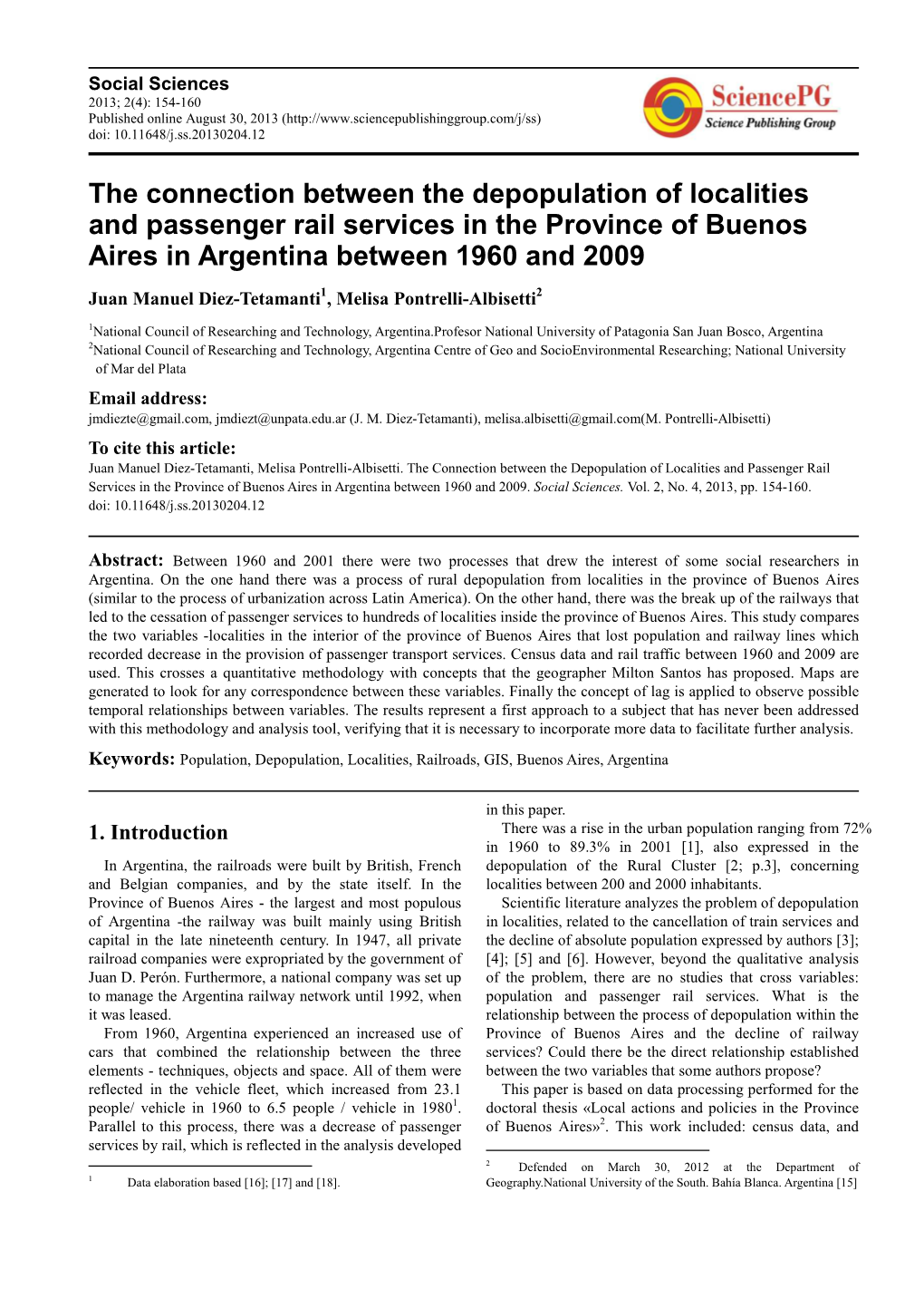 The Connection Between the Depopulation of Localities and Passenger Rail Services in the Province of Buenos Aires in Argentina Between 1960 and 2009